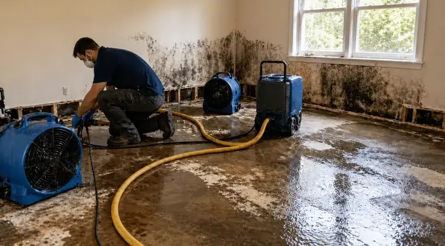 Technician drying a storm-damaged room with stained walls using air movers and a dehumidifier in Bay Village, OH