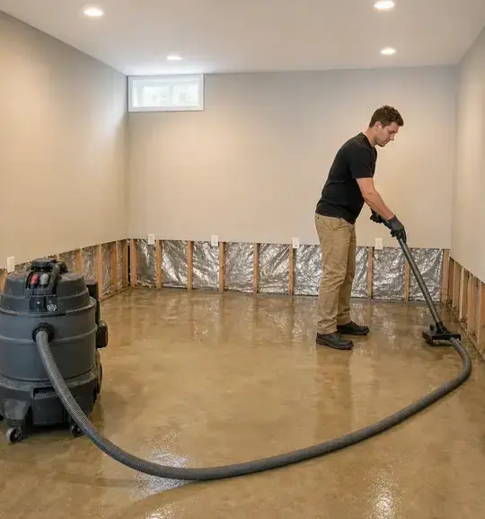 Technician vacuuming floodwater from a basement floor with cut-back walls during flood damage restoration in Bay Village, OH