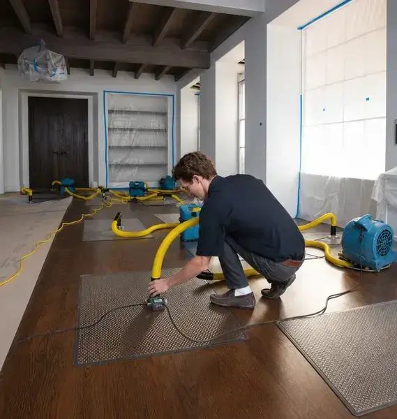 Technician setting up floor-drying mats on hardwood, one of the factors behind water damage restoration cost in Bay Village, OH