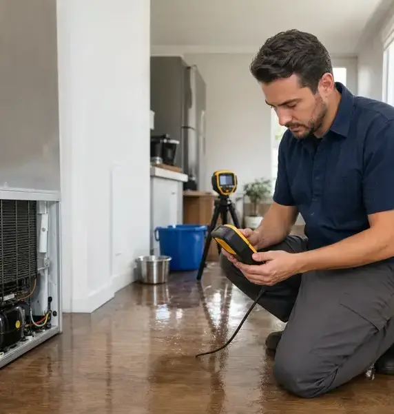 Technician using a moisture meter and thermal camera to assess water damage in a kitchen in Bay Village, OH
