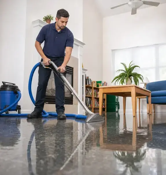 Technician extracting standing water from a living room floor during emergency water damage cleanup in Bay Village, OH