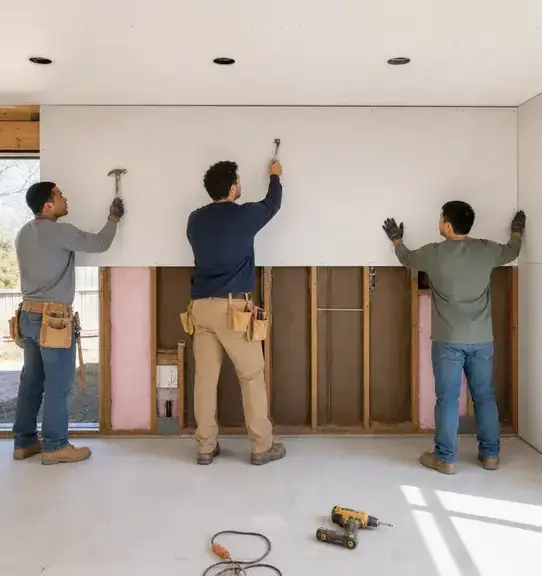 Crew hanging new drywall over opened wall framing during water damage repair in Bay Village, OH